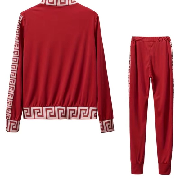 Wine red Casual Geo Print Two-piece Set, Long Sleeve Zip Up Top & Slant Pock… - Picture 4 of 8